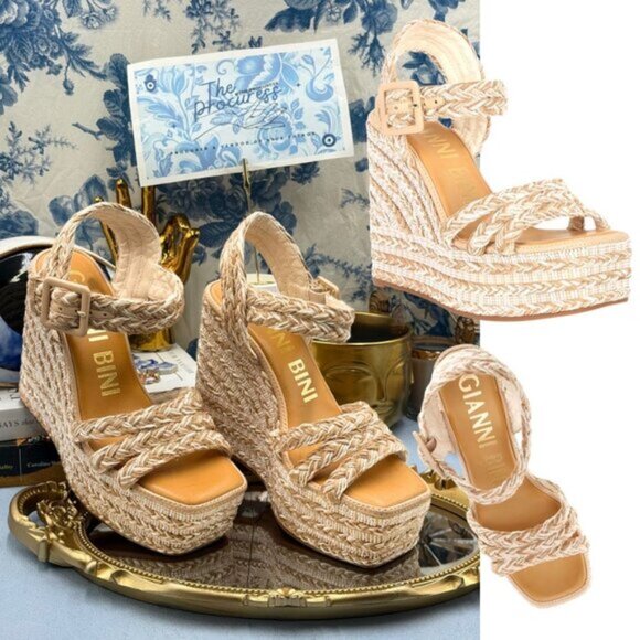 Gianni Bini Shoes - 🆕 GIANNI BINI 🧿 NWOB Santi Woven Beaded Wedge Sandal - Neutral Woven Sz US 7.5